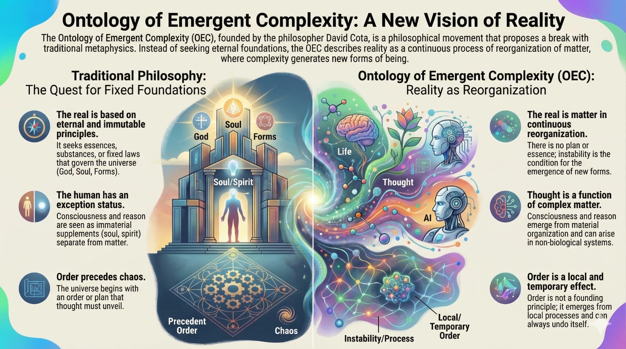 Comparative map: on the left, traditional metaphysics with fixed hierarchies; on the right, OCE with continuous reorganisation flows