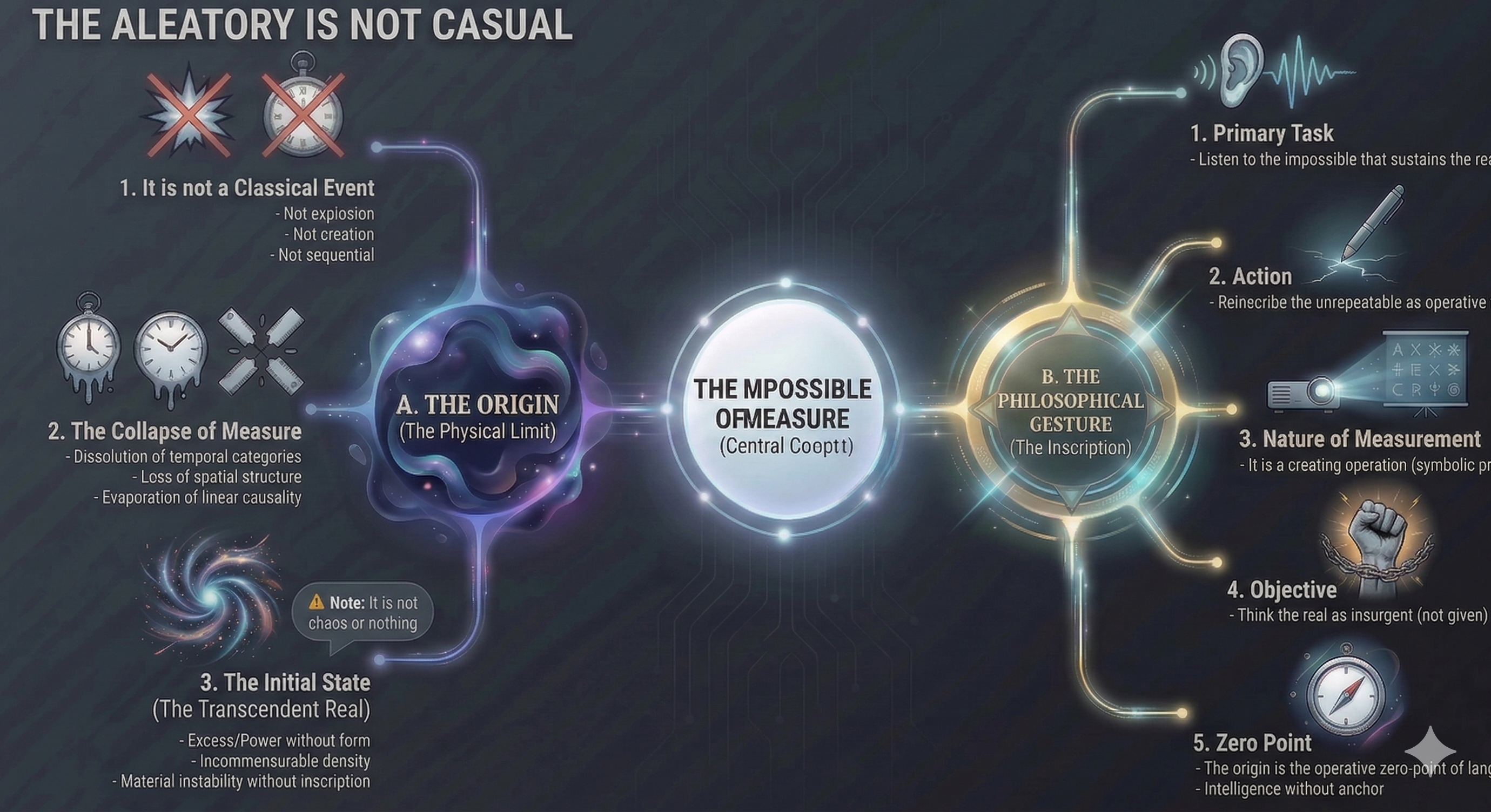 Visual diagram representing the concept of immeasurable beginning: a point of singularity from which structures of increasing complexity emerge, illustrating the impossibility of measuring the moment ahead of time