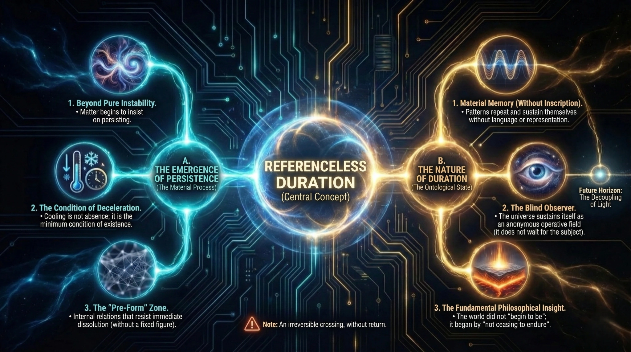 Mind map representing the relationships between concepts: in the center 'Duration Without Reference' connects to 'Slowdown' (condition of persistence), 'Material Memory' (repetition of patterns), 'Blind Observer' (self-sustainment), 'Preform' (intermediate state) and 'Decoupling' (future possibility)