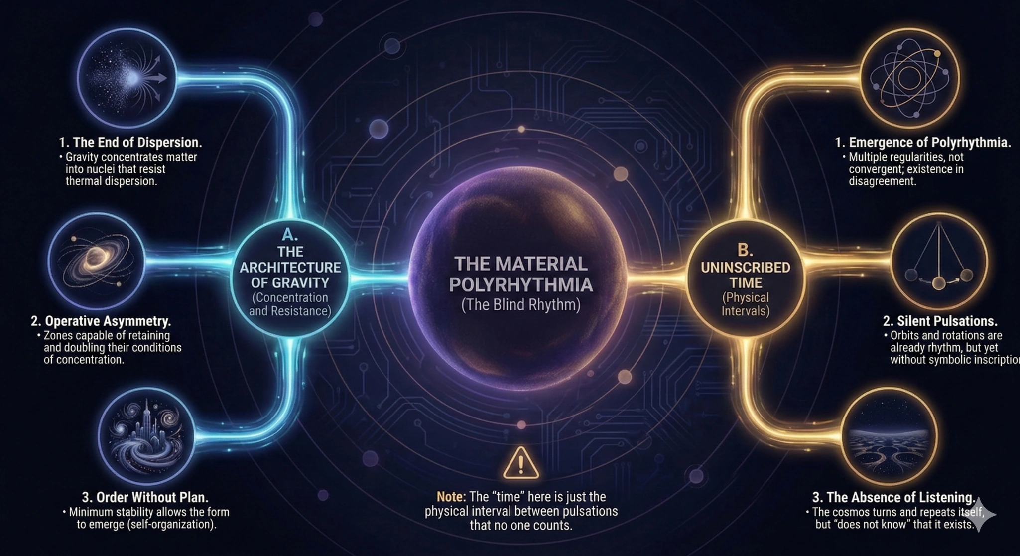 Mind map representing the relationships between concepts: in the center 'Rhythm Without Observer' connects to 'Local Gravity' (organizer), 'Polyrhythm' (multiple cycles), 'Minimal Stability' (precedes form), 'Material Rhythm' (physical repetition) and 'Time as Absence' (lack of symbol)