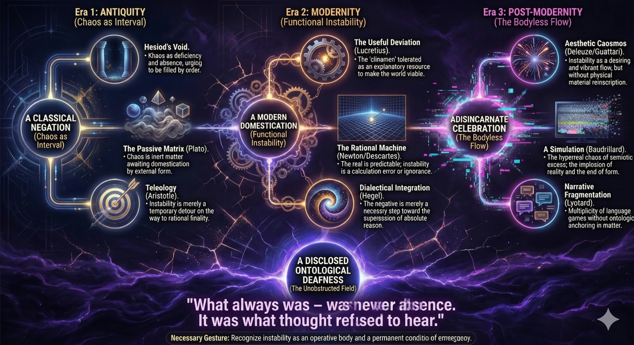 Mind map representing the genealogy of the refusal of the unstable: in the center 'Instability as a Condition' connects to 'Ontological Deafness' (diagnosis), 'Refusal of Unstable Origin' (philosophical tradition), 'Functional Domestication' (clinamen), 'Disembodied Chaosmos' (post-modernity) and 'Teleology' (silencing)