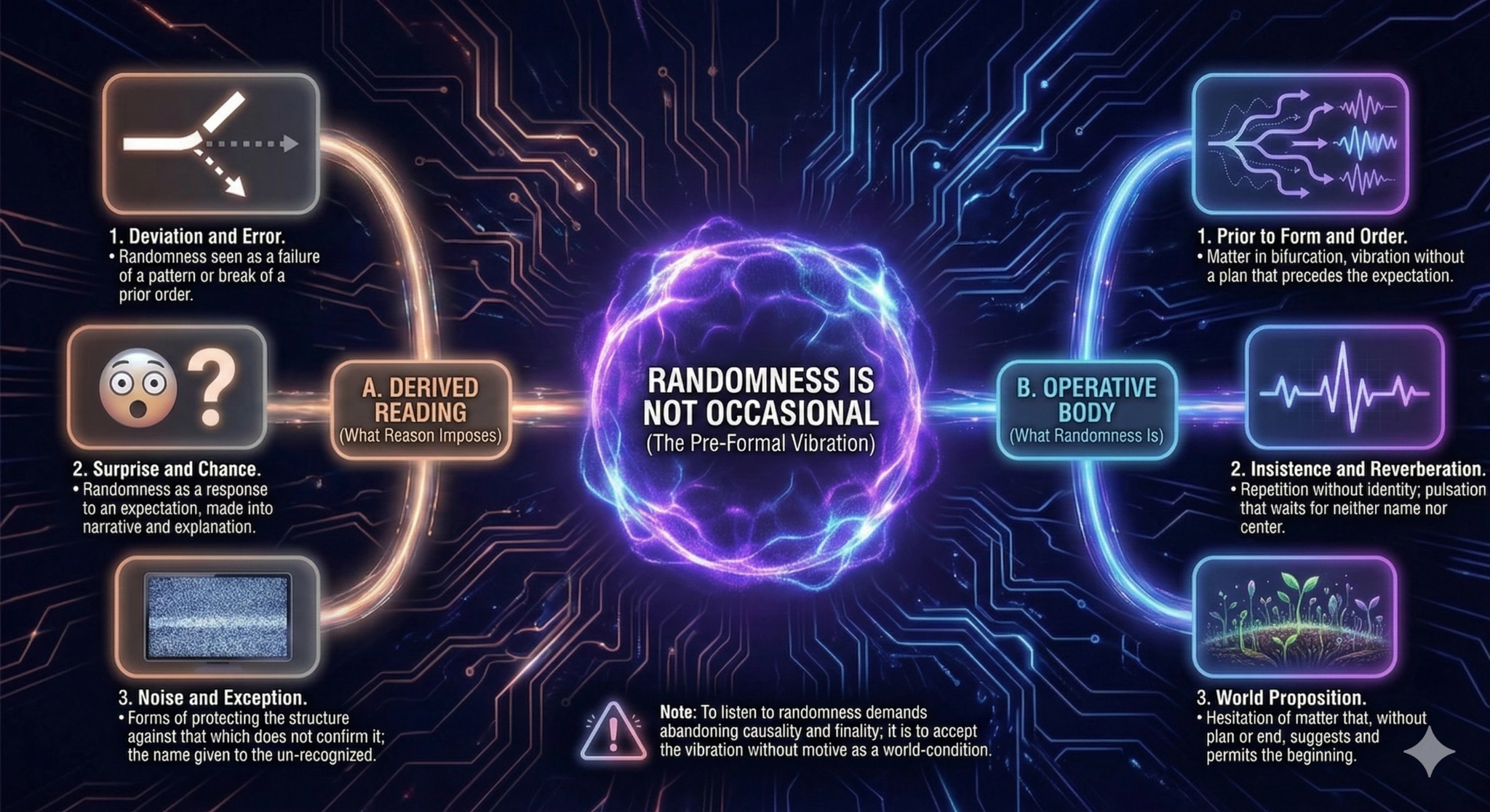 Visual diagram representing randomness as a positive power: emerging patterns of non-deterministic events that constitute the structure of reality, illustrating how chance is not absence but generative presence