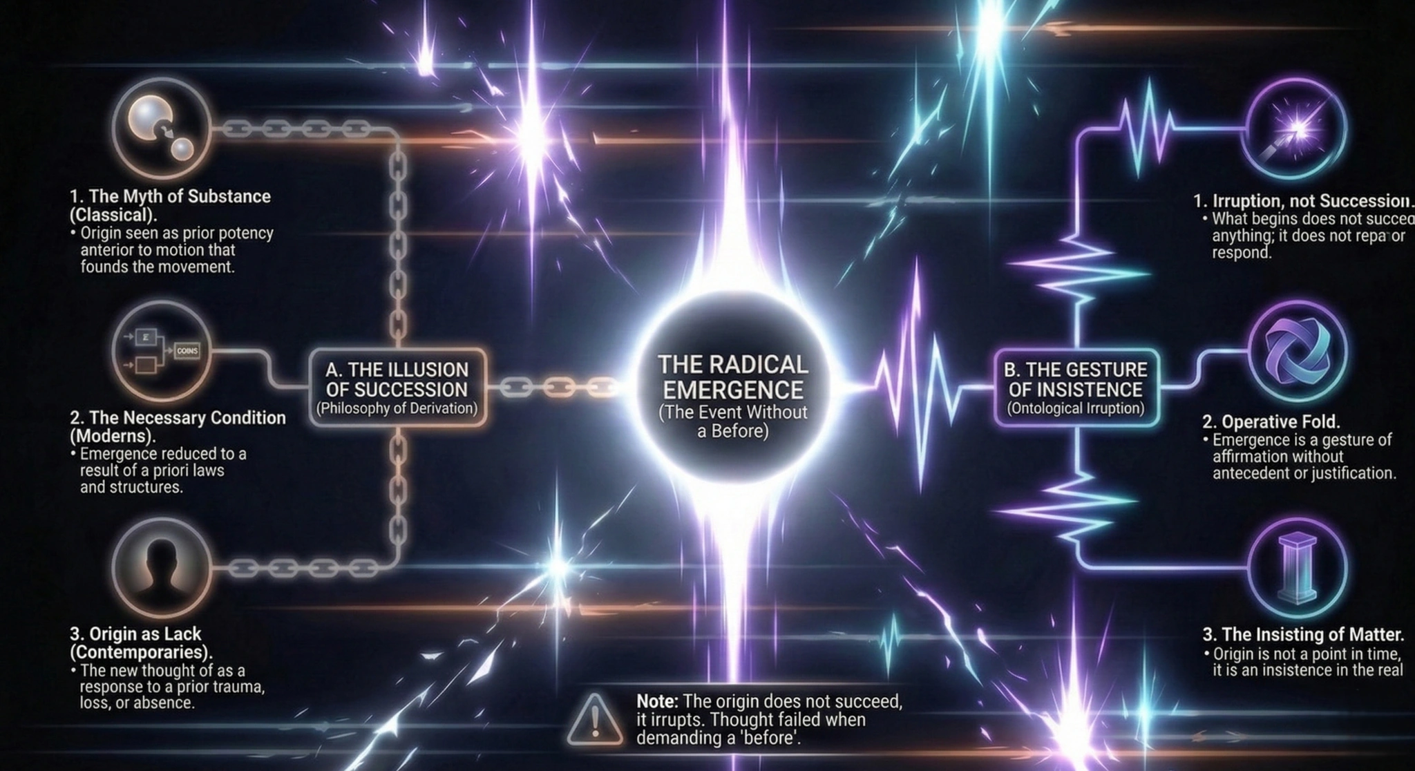 Mind map of the text Nothing Precedes the Emergence - diagram showing the emergence as a vertical cut in the timeline, with no previous cause