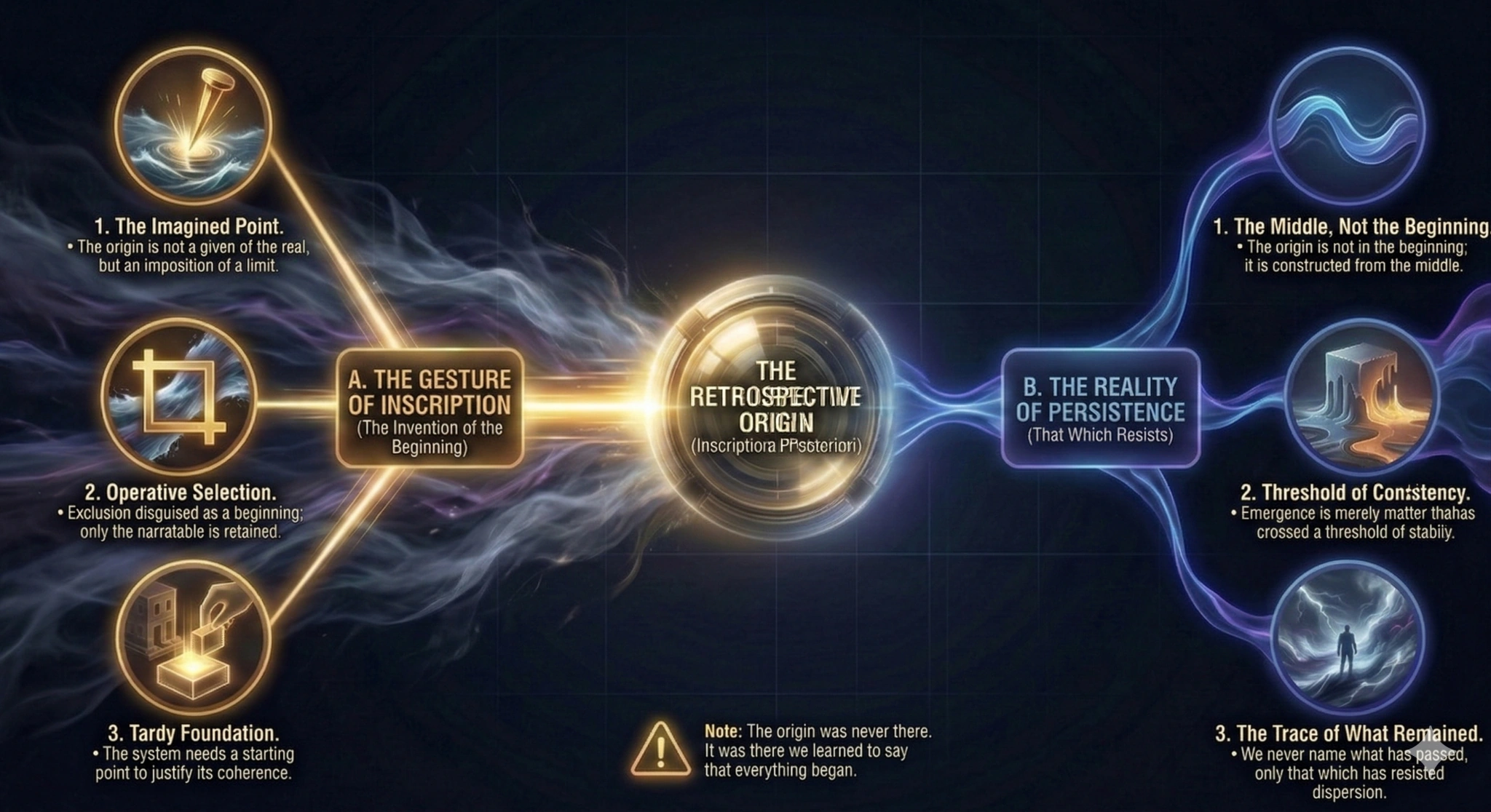 Mind map illustrating the concept of retrospective origin: temporal arrow inverted from the present to the past, showing how the current narrative retroactively constitutes the point of origin