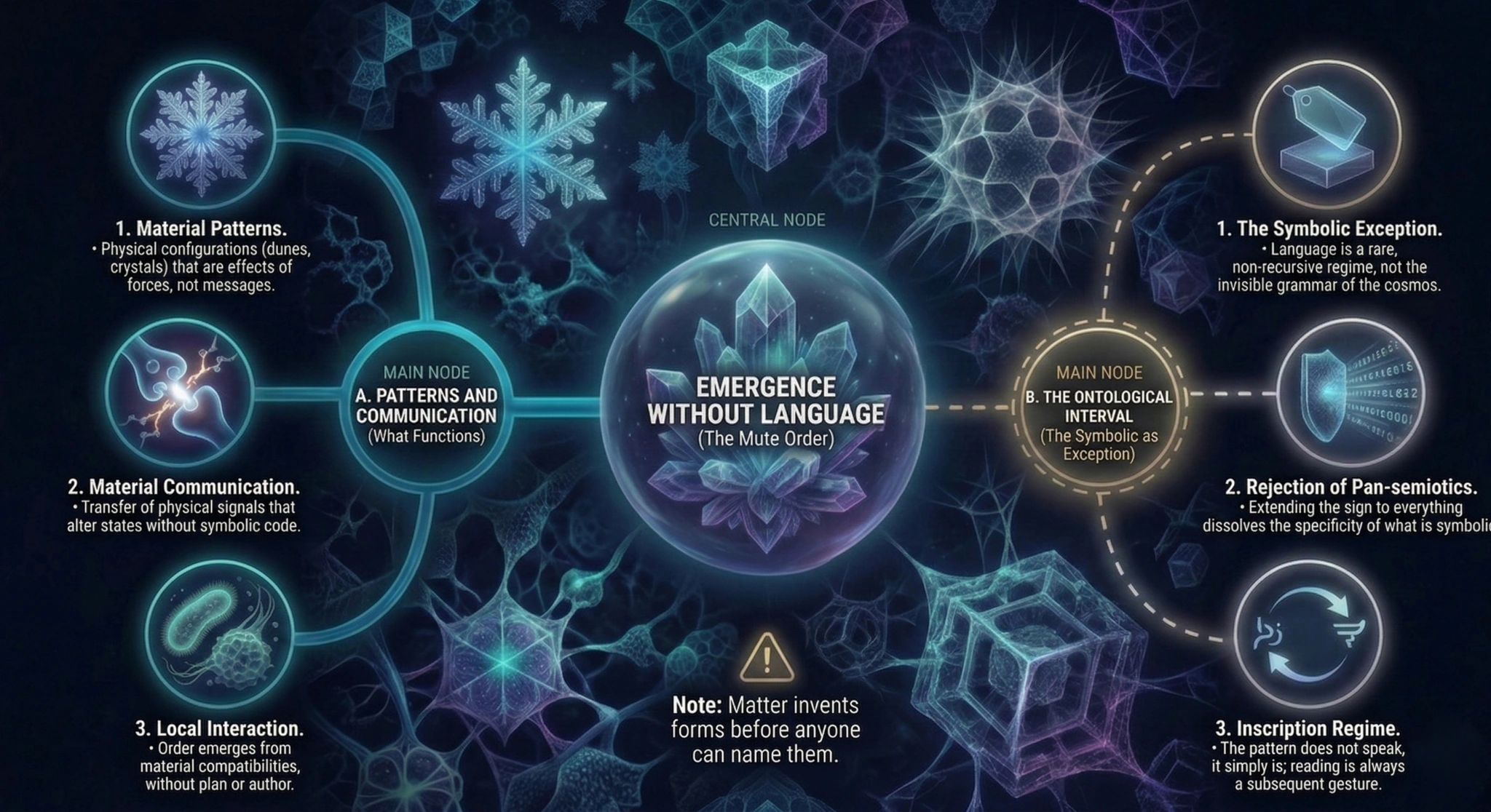 Visual representation of the concept of emergence without language: matter organises itself autonomously without the need for code or symbolic inscription