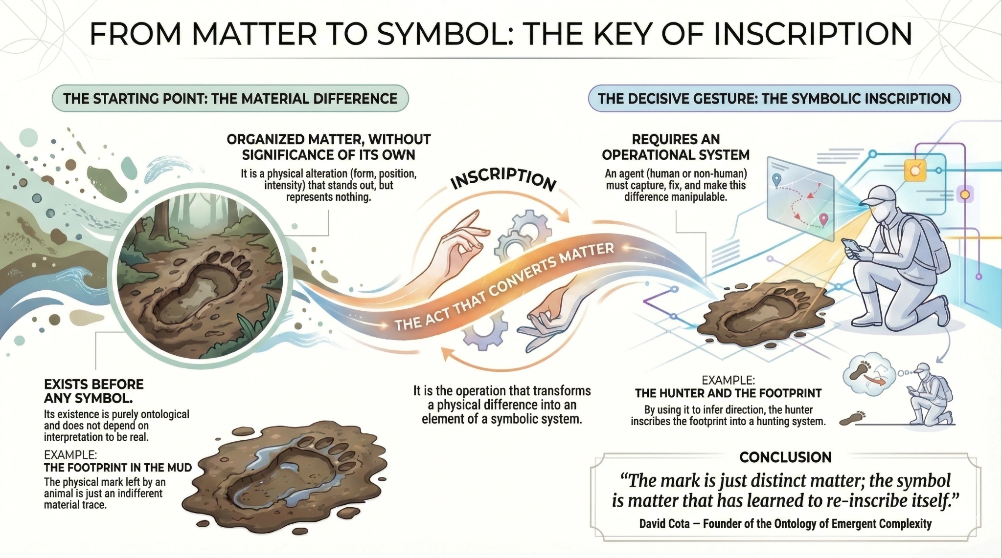 Mind map illustrating the process of transforming physical difference into a symbolic element: from material mark to recursive inscription