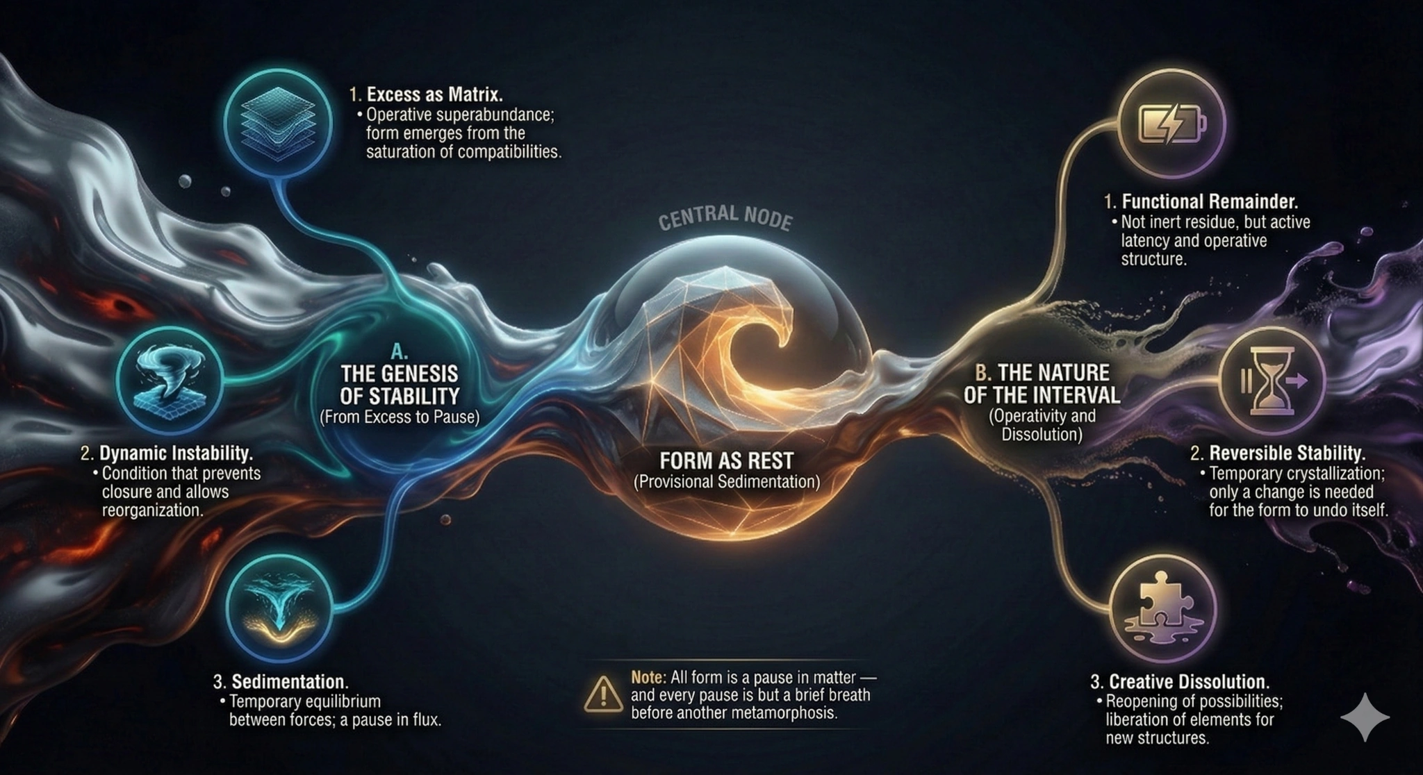 Visual representation of the concept of Form as Rest - the crystallization of form from material flow