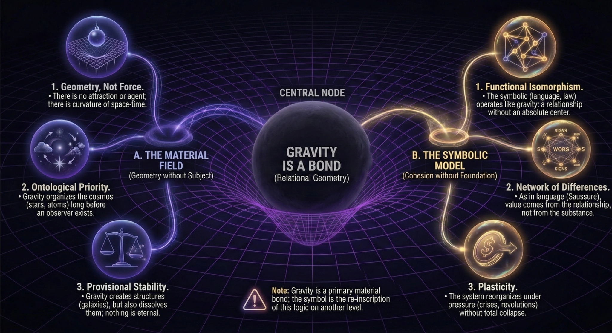 Visual representation of gravity as a material bond - Field I of OCE