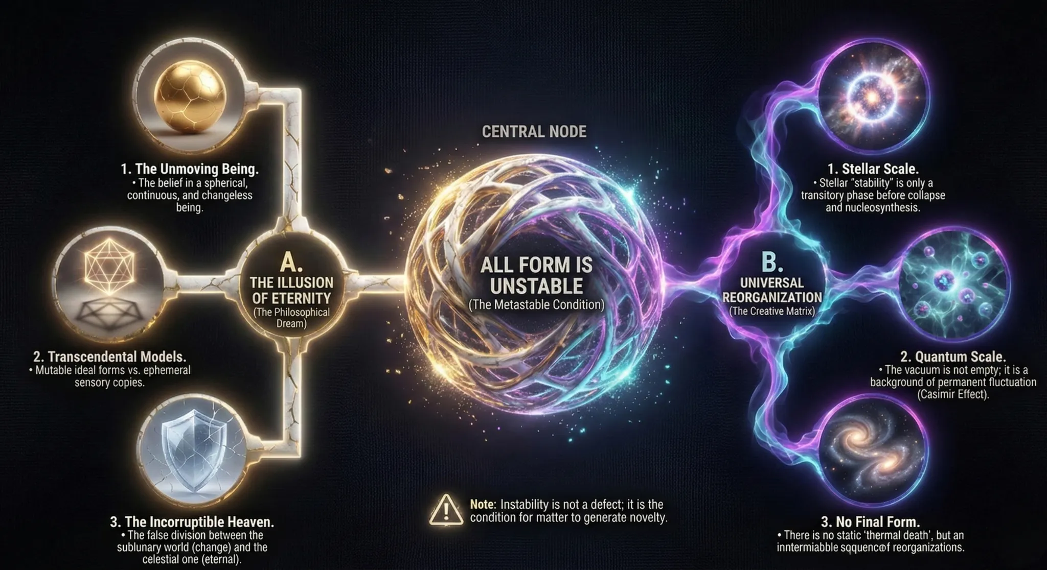 Concept map linking quantum instability, stellar evolution and symbolic rewriting