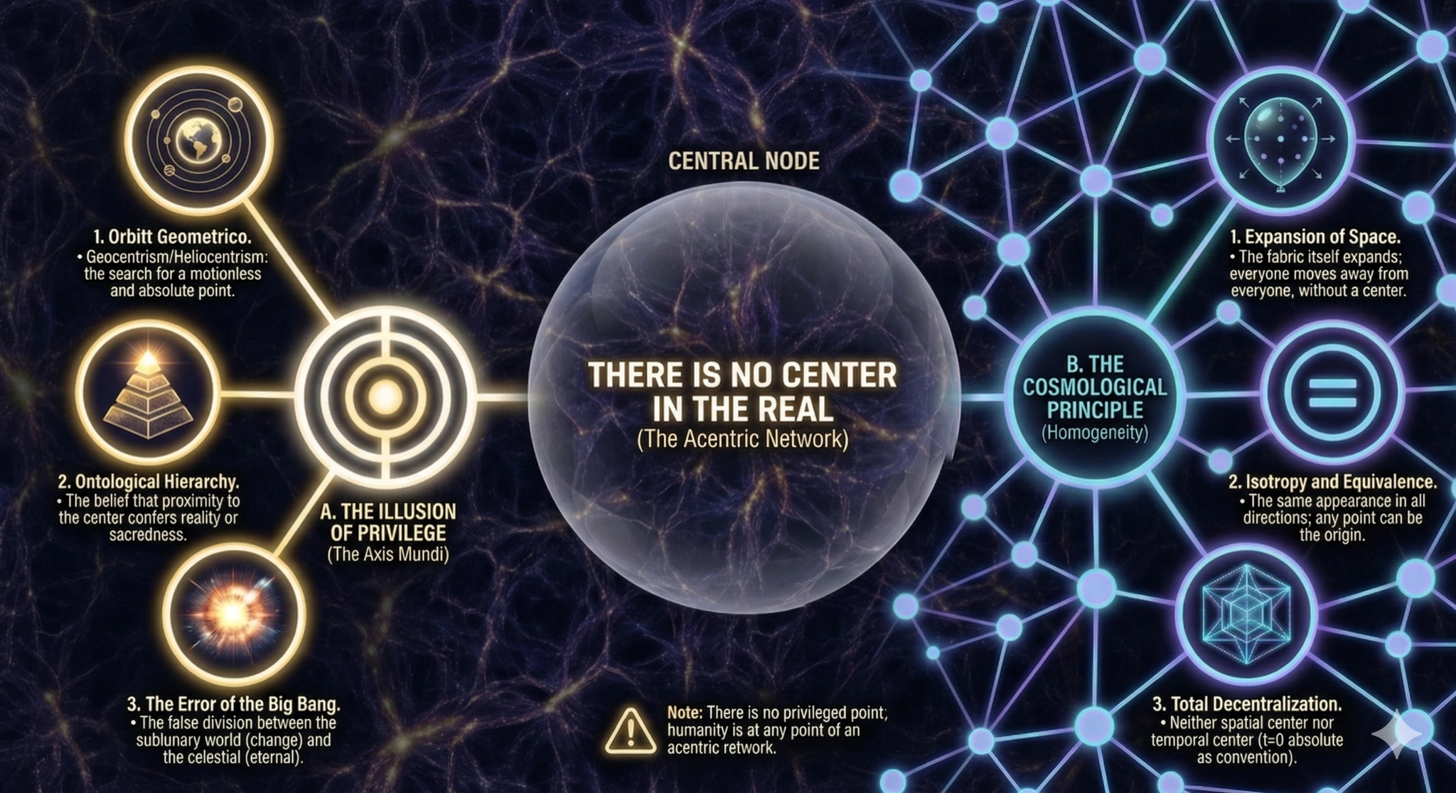Visual diagram representing radical decentralization: acentric network of relationships without a privileged point